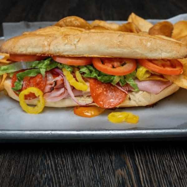 A large submarine sandwich with meats, cheese, lettuce, tomatoes, onions, and peppers, served with chips.
